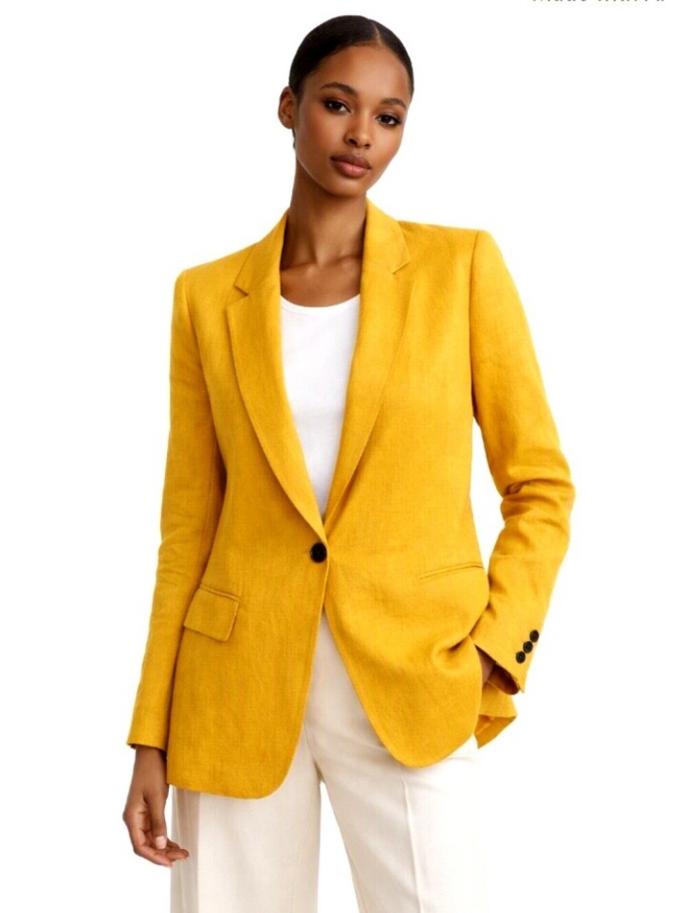 Tailored Mustard Single-Button Unconstructed Blazer Linen Blend Large